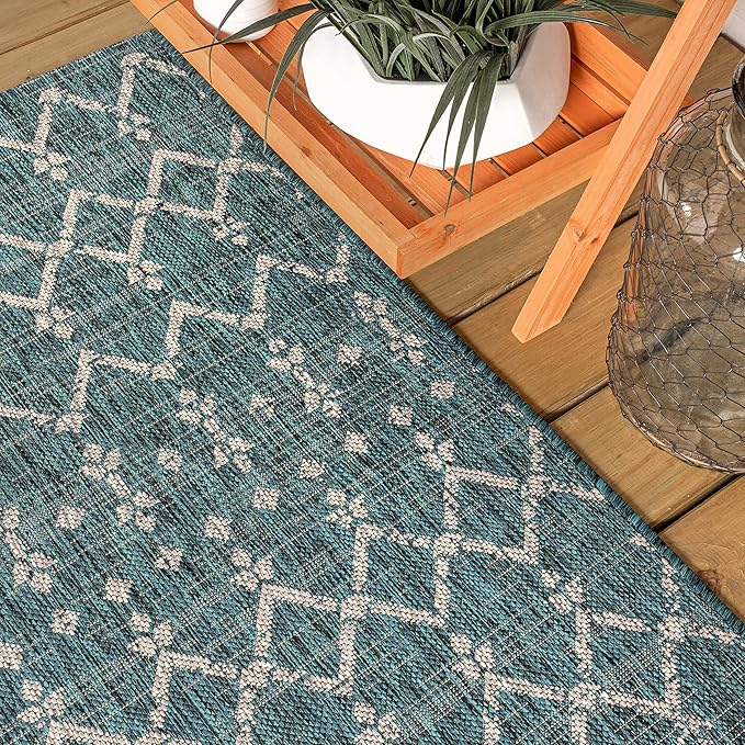 JONATHAN Y SMB108C-210 Ourika Moroccan Geometric Textured Weave Indoor Outdoor Runner Rug, Bohemian, Rustic, Scandinavian Easy-Cleaning,Bedroom,Kitchen,Backyard,Patio,Non Shedding, Teal/Gray, 2 X 10