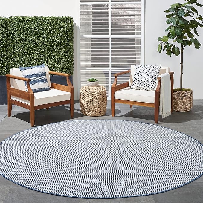 Nourison Courtyard 8' x Round Ivory Blue Fabric Modern Area Rug (8' Round)
