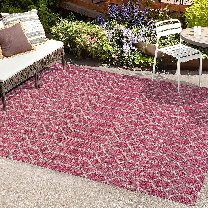 JONATHAN Y SMB108Q-9 Ourika Moroccan Geometric Textured Weave Indoor Outdoor Area-Rug, Bohemian Rustic Easy-Cleaning,Bedroom,Kitchen,Backyard,Patio,Non Shedding, 9 X 12, Fuchsia/Light Gray