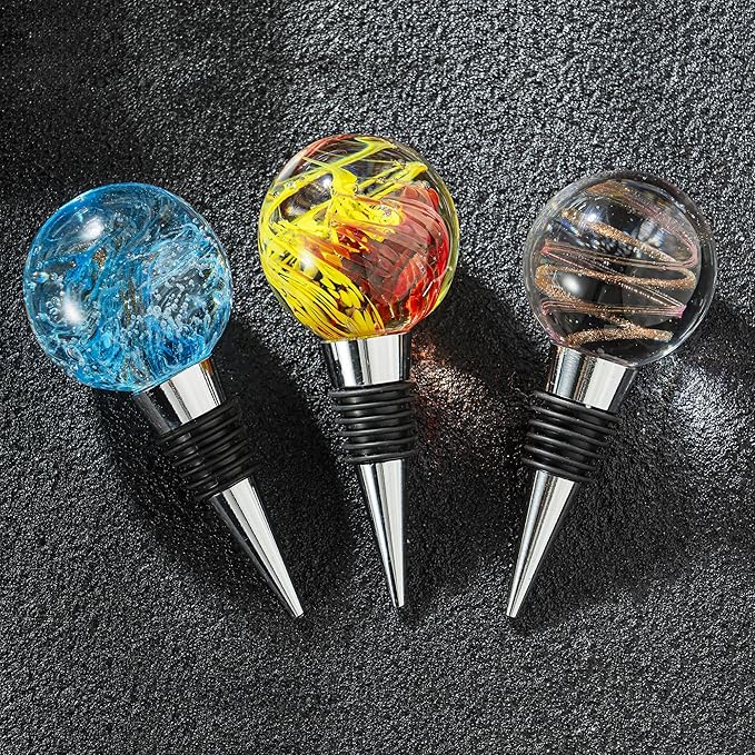 Pack of 3 Wine Bottle Stopper, Galaxy Pattern Art Murano Glass Wine Stopper, Multicolor Leak-Proof and Reusable Wine Saver, Preserves Beverage Freshness
