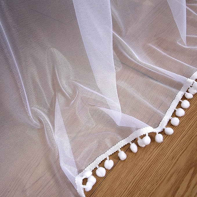 Akiky Pom Pom Canopy Bed Curtains Princess Bed Canopy Scarf for Full/Queen Metal Bed Frame,Wood Frame Bed-2 Panel Sheer Canopy Curtain(White)