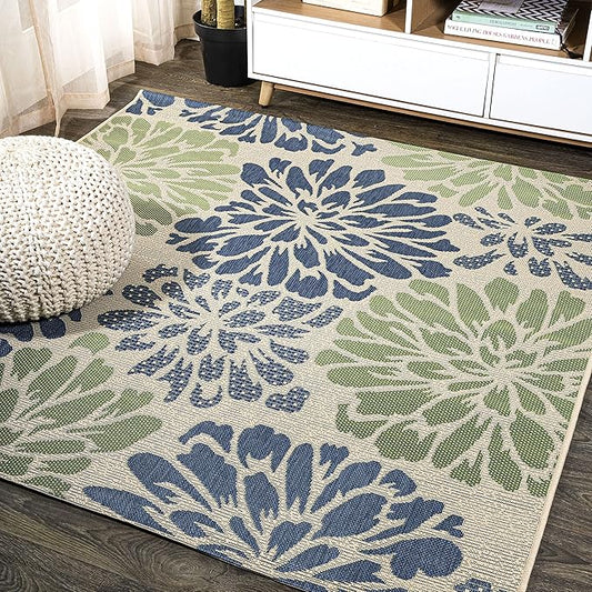 JONATHAN Y SMB110B-3SQ Zinnia Modern Floral Textured Weave Indoor/Outdoor Area Rug, Bohemian, Coastal, Transitional for Bedroom, Kitchen, Living Room, Easy-Cleaning, Navy/Green, 3' Square