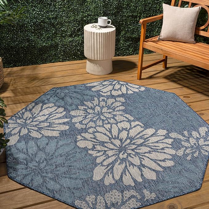 JONATHAN Y SMB110C-5TGN Zinnia Modern Floral Textured Weave Navy/Aqua 5' Octagon Indoor/Outdoor Area Rug, Non-Shedding, Stain Resistant, Fade Resistant, Easy-Cleaning for Backyard Patio, Porch