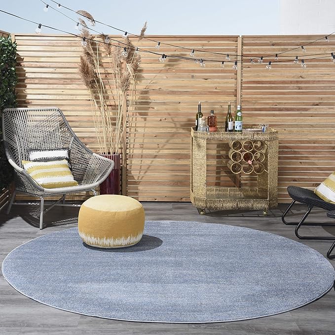 Nourison Essentials Indoor/Outdoor Blue/Grey 8' x Round Area Rug, Easy Cleaning, Non Shedding, Bed Room, Living Room, Dining Room, Backyard, Deck, Patio (8 Round)