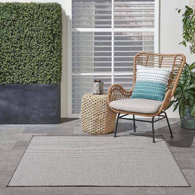 Nourison Courtyard Indoor/Outdoor Ivory/Charcoal 5' x Square Area Rug, Easy Cleaning, Non Shedding, Bed Room, Living Room, Dining Room, Backyard, Deck, Patio (5 Square)