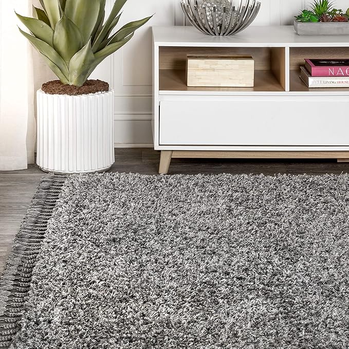 JONATHAN Y MCR100B-5 Mercer Shag Plush Tassel Indoor -Area Rug Bohemian Modern Contemporary Solid Easy-Cleaning Bedroom Kitchen Living Room, 5 X 8, Charcoal with Tassel