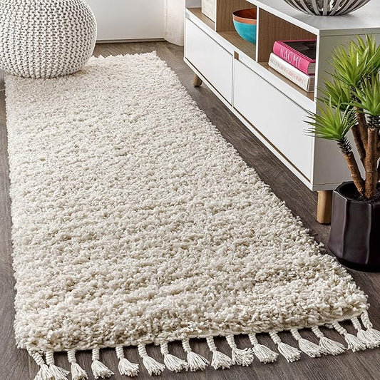 JONATHAN Y MCR100D-28 Mercer Shag Plush Tassel Indoor Runner Rug Bohemian Modern Contemporary Solid Easy-Cleaning Bedroom Kitchen Living Room, 2 X 8, Cream with Tassel