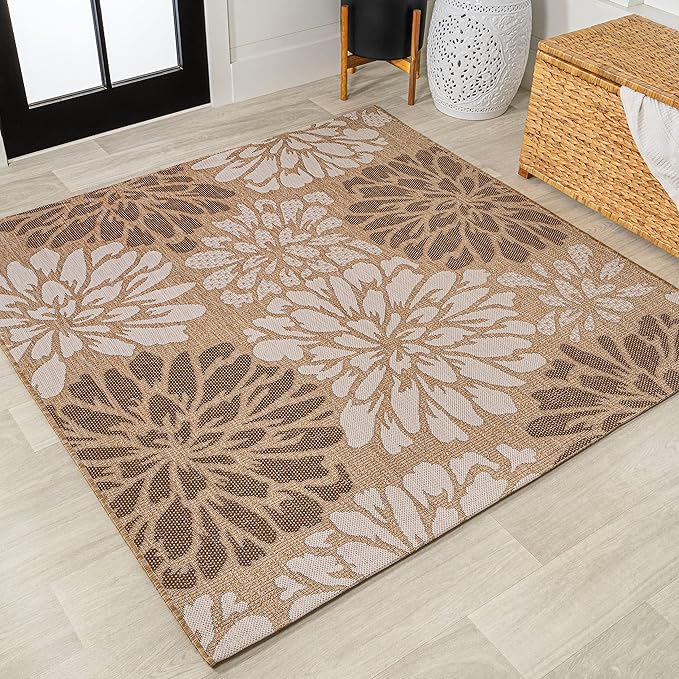 JONATHAN Y SMB110I-8SQ Zinnia Modern Floral Textured Weave Brown/Cream 8' Square Indoor/Outdoor Area Rug, Pet Friendly, Non-Shedding, Stain Resistant, Easy-Cleaning for Backyard, Patio, Porch