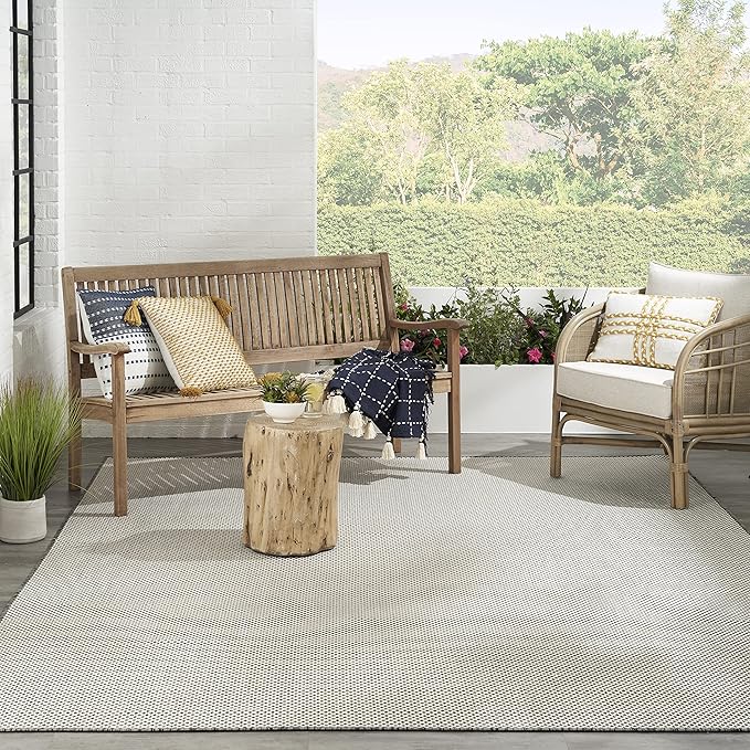 Nourison Courtyard Indoor/Outdoor Ivory Charcoal 7' x 10' Area Rug, Geometric, Easy Cleaning, Non Shedding, Bed Room, Living Room, Dining Room, Deck, Patio, Backyard (7x10)