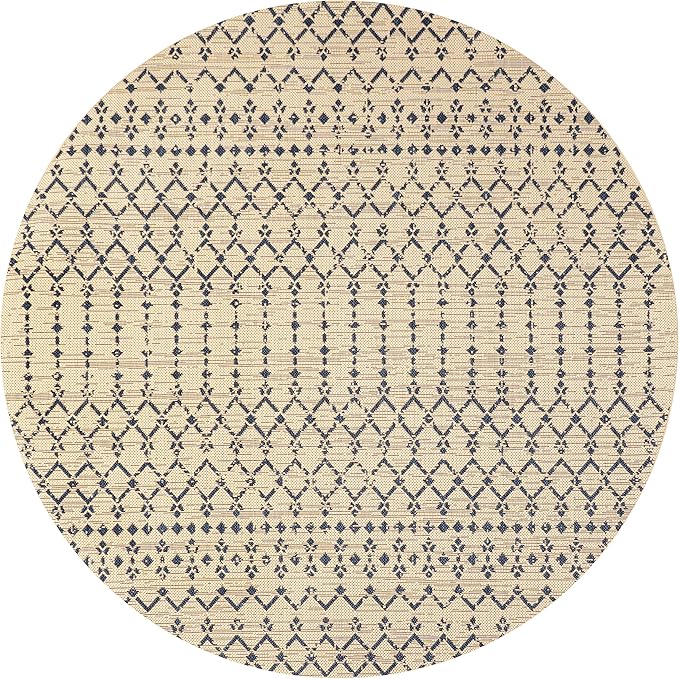 JONATHAN Y SMB108H-9R Ourika Moroccan Geometric Textured Weave Beige/Navy 9' Round Indoor/Outdoor Area Rug, Pet Friendly, Non-Shedding, Stain Resistant, Easy-Cleaning for Backyard, Patio, Porch