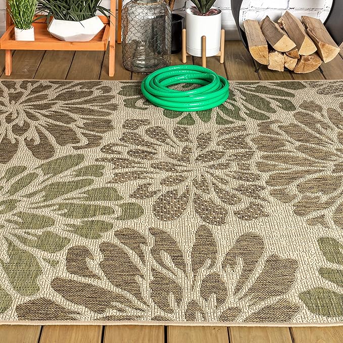 JONATHAN Y SMB110A-4 Zinnia Modern Floral Textured Weave Indoor Outdoor Area-Rug Bohemian Coastal Easy-Cleaning Bedroom Kitchen Backyard Patio Non Shedding, 4 X 6, Sage/Brown