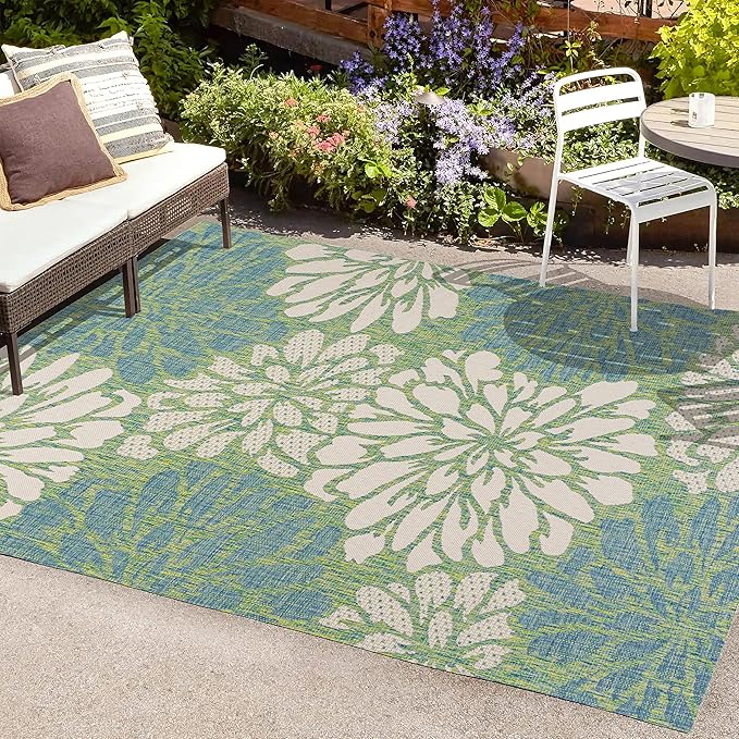 JONATHAN Y SMB110D-4 Zinnia Modern Floral Textured Weave Indoor Outdoor Area-Rug, Bohemian Coastal Mediterranean Easy-Cleaning,Bedroom,Kitchen,Backyard,Patio,Non Shedding, 4 X 6, Cream/Green