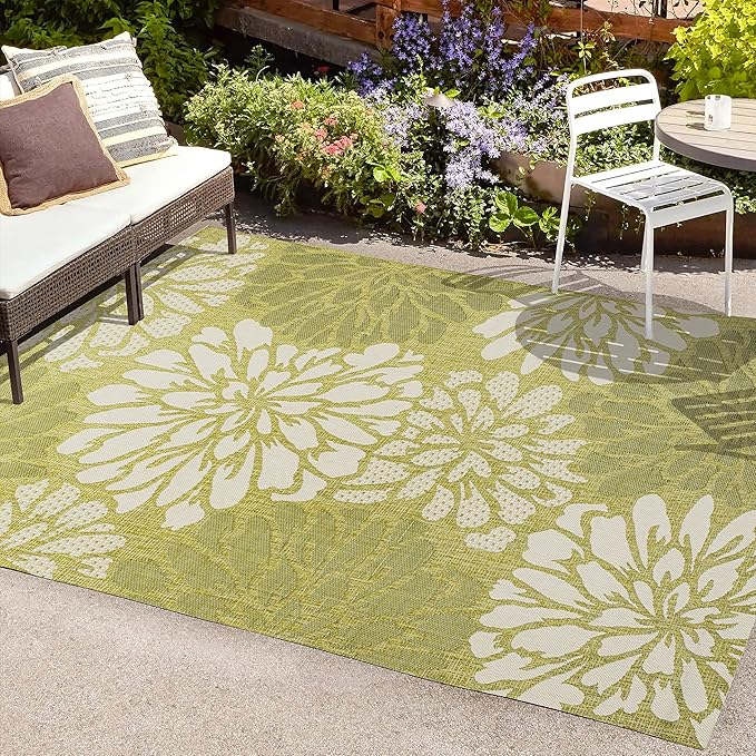 JONATHAN Y SMB110H-5 Zinnia Modern Floral Textured Weave Indoor Outdoor Area Rug, Country Coastal Transitional Easy Cleaning,Bedroom,Kitchen,Backyard,Patio,Non Shedding, 5 X 8, Green/Cream