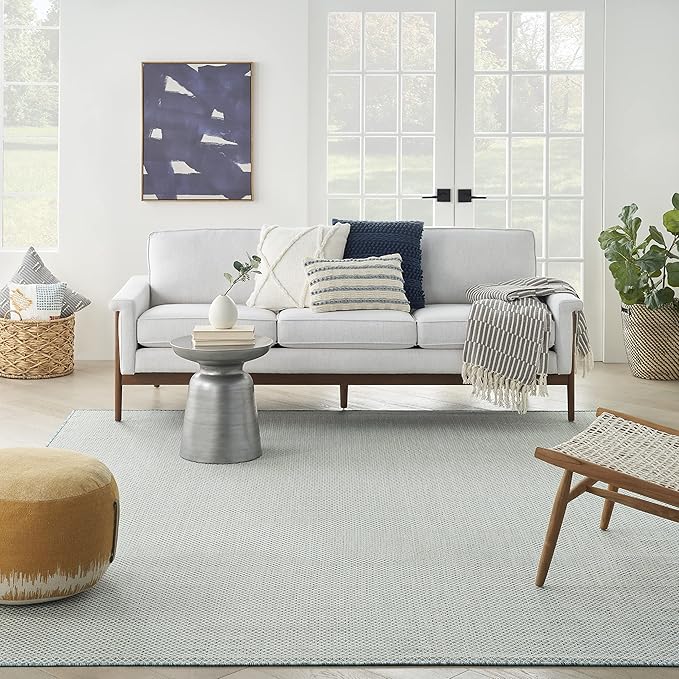 Nourison Courtyard Indoor/Outdoor Ivory Aqua 7' x 10' Area Rug, Geometric, Easy Cleaning, Non Shedding, Bed Room, Living Room, Dining Room, Deck, Patio, Backyard (7x10)