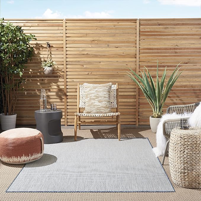 Nourison Courtyard Indoor/Outdoor Ivory Blue 4' x 6' Area Rug, Geometric, Easy Cleaning, Non Shedding, Bed Room, Living Room, Dining Room, Deck, Patio, Backyard (4x6)
