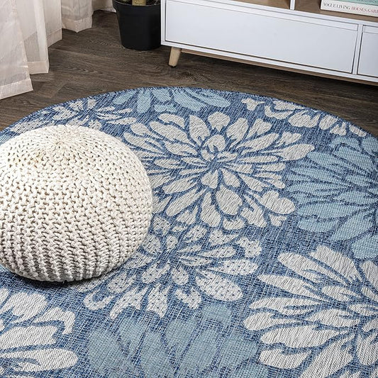 JONATHAN Y SMB110C-3R Zinnia Modern Floral Textured Weave Indoor/Outdoor Area Rug, Bohemian, Coastal, Transitional for Bedroom, Kitchen, Living Room, Easy-Cleaning, Navy/Aqua, 3' Round
