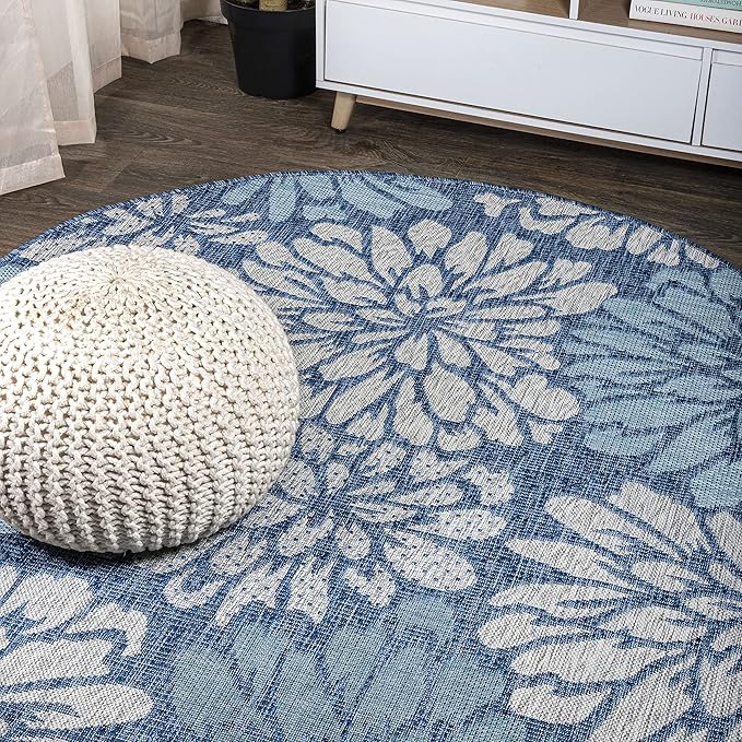 JONATHAN Y SMB110C-4R Zinnia Modern Floral Textured Weave Indoor/Outdoor Area Rug, Bohemian, Coastal, Transitional for Bedroom, Kitchen, Living Room, Easy-Cleaning, Navy/Aqua, 4' Round