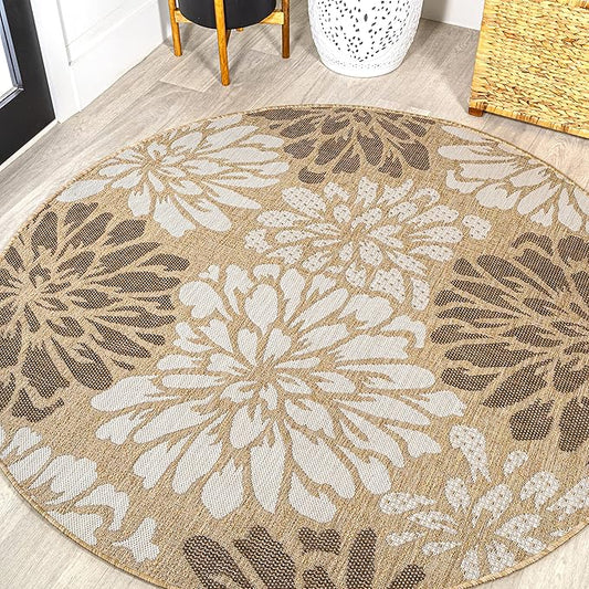 JONATHAN Y SMB110I-3R Zinnia Modern Floral Textured Weave Brown/Cream 3' Round Indoor/Outdoor Area Rug, Pet Friendly, Non-Shedding, Stain Resistant, Easy-Cleaning for Backyard, Patio, Porch