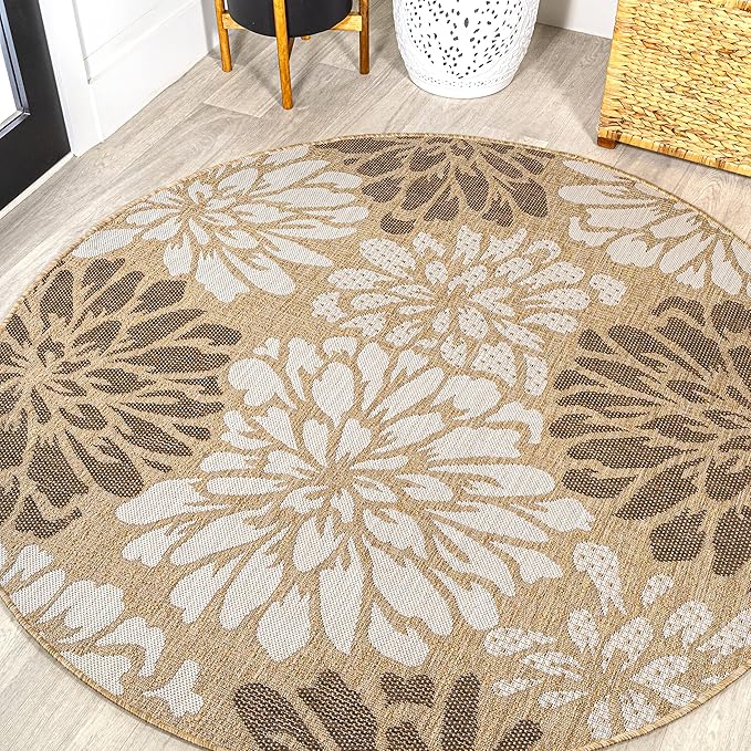 JONATHAN Y SMB110I-5R Zinnia Modern Floral Textured Weave Indoor Outdoor Area Rug, Country Coastal Contemporary Easy Cleaning,Bedroom,Kitchen,Backyard,Patio,Non Shedding, Brown/Cream, 5' Round