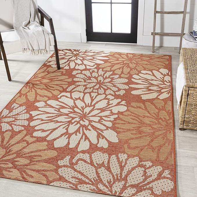 JONATHAN Y SMB110E-3 Zinnia Modern Floral Textured Weave Indoor Outdoor Area-Rug, Bohemian Coastal Mediterranean Easy-Cleaning,Bedroom,Kitchen,Backyard,Patio,Non Shedding, 3 X 5, Orange/Cream