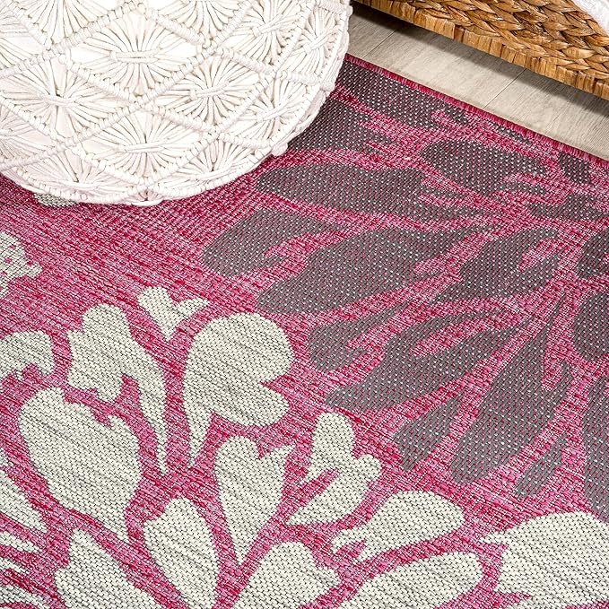 JONATHAN Y SMB110F-5R Zinnia Modern Floral Textured Weave Indoor Outdoor Area Rug, Country Coastal Contemporary Easy Cleaning,Bedroom,Kitchen,Backyard,Patio, Fuchsia/Light Gray, 5' Round