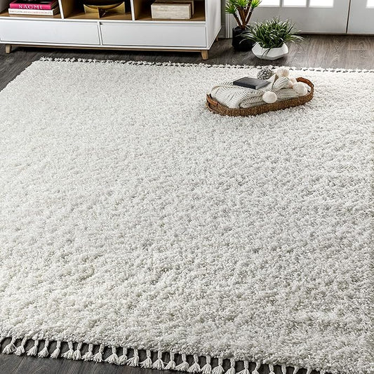 JONATHAN Y MCR100A-8 Mercer Shag Plush Tassel Indoor Area-Rug Bohemian Modern Contemporary Solid Easy-Cleaning Bedroom Kitchen Living Room, 8 X 10, White with Tassel