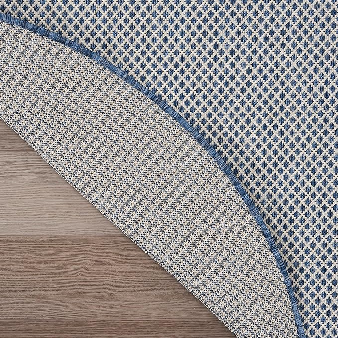 Nourison Courtyard Indoor/Outdoor Ivory Blue 4' x Round Area Rug, Easy Cleaning, Non Shedding, Bed Room, Living Room, Dining Room, Backyard, Deck, Patio (4 Round)