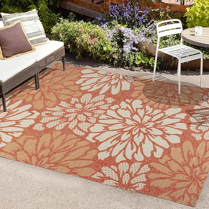 JONATHAN Y SMB110E-8 Zinnia Modern Floral Textured Weave Indoor Outdoor Area-Rug, Bohemian Coastal Mediterranean Easy-Cleaning,Bedroom,Kitchen,Backyard,Patio,Non Shedding, 8 X 10, Orange/Cream