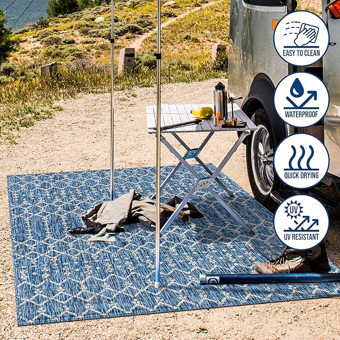JONATHAN Y SMB108B-8 Ourika Moroccan Geometric Textured Weave Indoor Outdoor Area Rug, Bohemian, Rustic, Scandinavian Easy Cleaning,Bedroom,Kitchen,Backyard,Patio,Non Shedding, Navy/Light Gray, 8 X 10