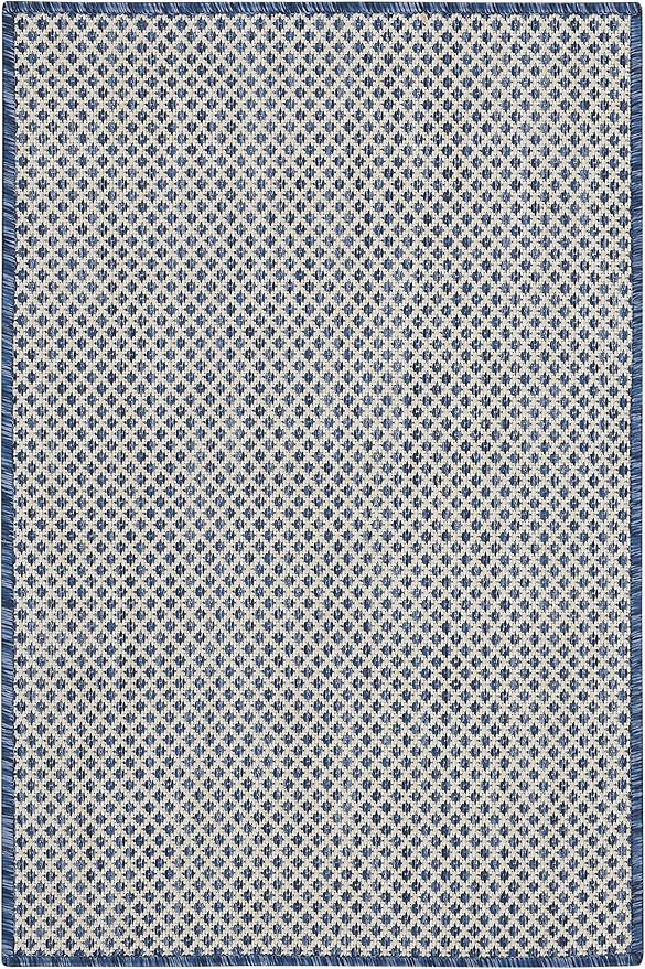 Nourison Courtyard Indoor/Outdoor Ivory Blue 2' x 3' Area Rug, Geometric, Easy Cleaning, Non Shedding, Bed Room, Living Room, Dining Room, Deck, Patio, Backyard (2x3)