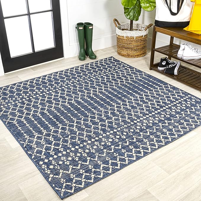 JONATHAN Y SMB108K-4SQ Ourika Moroccan Geometric Textured Weave Navy/Beige 4' Square Indoor/Outdoor Area Rug, Pet Friendly, Non-Shedding, Stain Resistant, Easy-Cleaning for Backyard, Patio, Porch