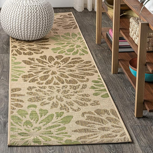 JONATHAN Y SMB110A-210 Zinnia Modern Floral Textured Weave Indoor Outdoor Runner Rug Bohemian Coastal Easy-Cleaning Bedroom Kitchen Backyard Patio Non Shedding, 2 X 10, Sage/Brown