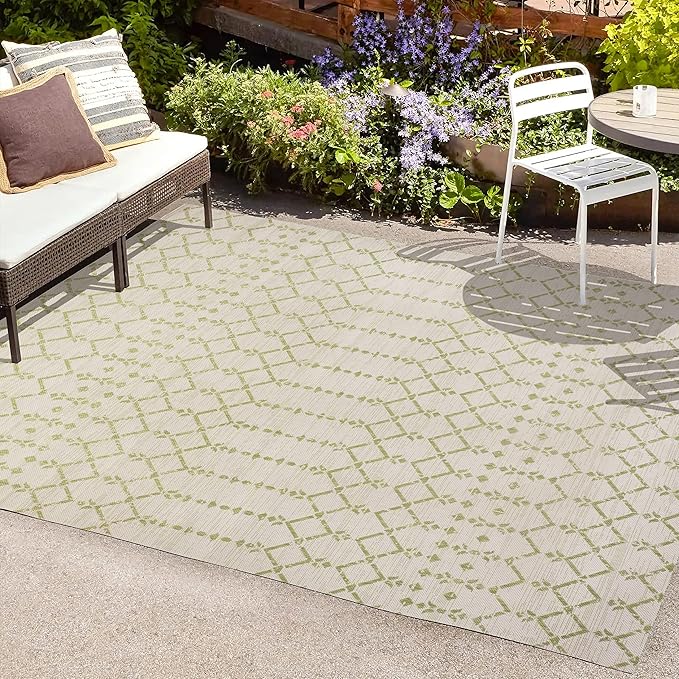 JONATHAN Y SMB108M-3 Ourika Moroccan Geometric Textured Weave Indoor Outdoor Area-Rug, Bohemian Coastal Traditional Easy-Cleaning,Bedroom,Kitchen,Backyard,Patio,Non Shedding, 3 X 5, Cream/Green
