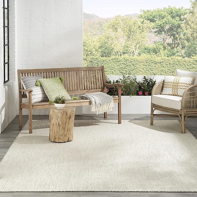 Nourison Courtyard Indoor/Outdoor Ivory Silver 9' x 12' Area Rug, Geometric, Easy Cleaning, Non Shedding, Bed Room, Living Room, Dining Room, Deck, Patio, Backyard (9x12)