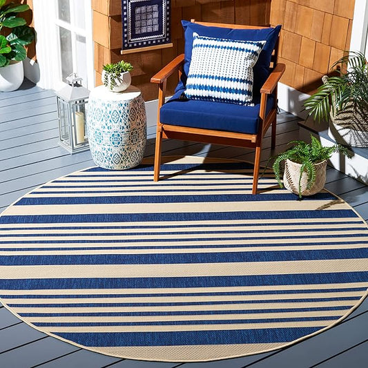 SAFAVIEH Courtyard Collection 6'7" Round Navy/Beige CY6062 Stripe Indoor/ Outside Waterproof Easy cleansingPatio Backyard Mudroom Area Mat