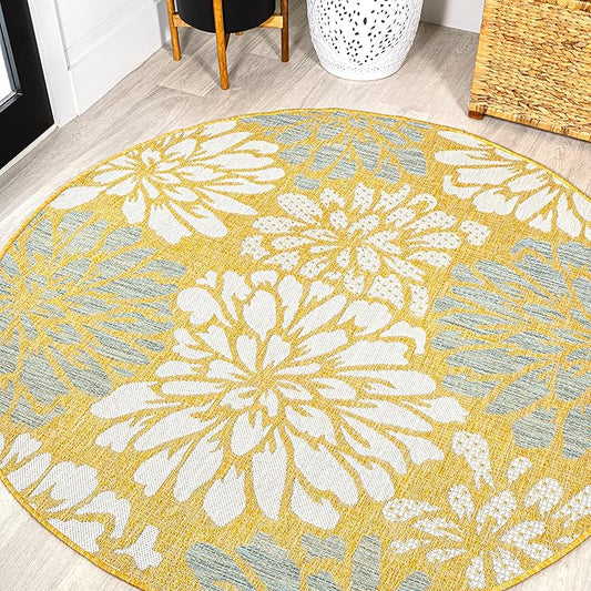 JONATHAN Y SMB110G-5R Zinnia Modern Floral Textured Weave Indoor Outdoor Area Rug, Country Coastal Contemporary Easy Cleaning,Bedroom,Kitchen,Backyard,Patio,Non Shedding, Yellow/Cream, 5' Round