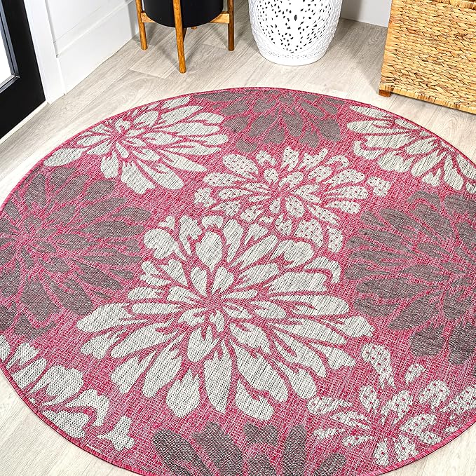JONATHAN Y SMB110F-5R Zinnia Modern Floral Textured Weave Indoor Outdoor Area Rug, Country Coastal Contemporary Easy Cleaning,Bedroom,Kitchen,Backyard,Patio, Fuchsia/Light Gray, 5' Round