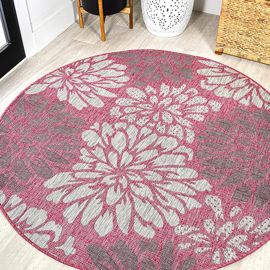 JONATHAN Y SMB110F-5R Zinnia Modern Floral Textured Weave Indoor Outdoor Area Rug, Country Coastal Contemporary Easy Cleaning,Bedroom,Kitchen,Backyard,Patio, Fuchsia/Light Gray, 5' Round