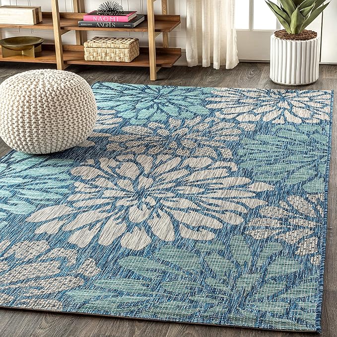 JONATHAN Y SMB110C-8 Zinnia Modern Floral Textured Weave Indoor Outdoor Area-Rug Bohemian Coastal Easy-Cleaning Bedroom Kitchen Backyard Patio Non Shedding, 8 X 10, Navy/Aqua