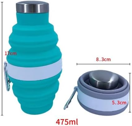 Collapsible Silicone Water Bottle with Carabiner, 475ml/17oz, BPA-Free, Leak-Proof, Lightweight & Durable for Travel, Gym, Camping (Cyan)