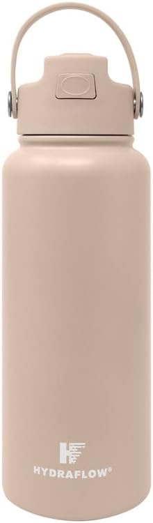 Hydraflow Hybrid - Triple Wall Vacuum Insulated Water Bottle with Flip Straw (34oz, Clay) Stainless Steel Metal Thermos, Reusable Leak Proof BPA-FREE for Sports and Travel