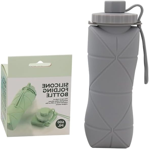 Collapsible Water Bottle, Silicone Foldable Water Bottles For Travel,Lightweight, Leakproof, and Reusable Perfect for Travel, Camping, Yoga, and Outdoor Sports,BPA Free, 20 oz(Gray)