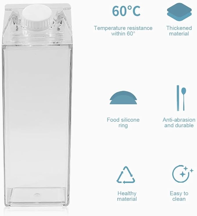 Milk Carton Water Bottles 34oz/1000ml Leak Proof Plastic Water Bottle Reusable BPA Free Sports Water Bottle Carton Shaped Juice Milk Bottle for Gym Camping Hiking Travel Sports, Dishwasher Safe