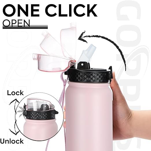 GOPPUS 32 oz Sports Water Bottle 1 Liter Double Wall Insulated Stainless Steel Water Bottles with Straw Lid Reusable Leak proof Metal water bottles with Strap Handle(Pink 1 lid)