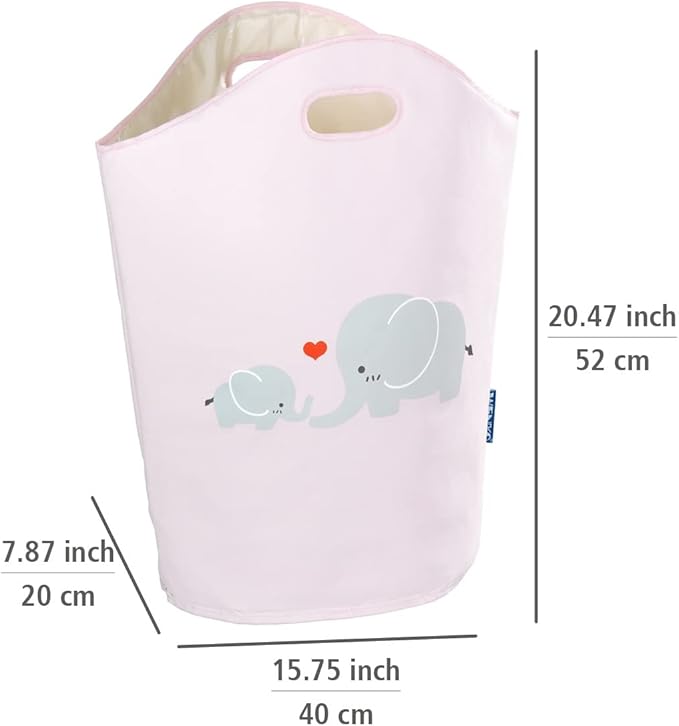WENKO Kids Laundry Hamper, Baby Hamper for Nursery, Baby Basket for Dirty Clothes, Elephant Nursery Hamper, Toy Basket with Handles, Pink Laundry Bin, 15.7 x 20.5 x 7.9 inch