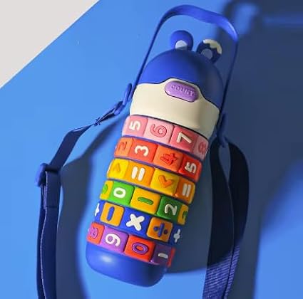 Numbers and Maths Symbols Design Kids' Water Bottle with Straw for School or Travel; 15oz (430ml) Stainless Steel water Bottle; Portable Handle with Detachable Buckle (Blue), CZMX-30031