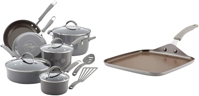 Rachael Ray - 16802 Rachael Ray Cucina Nonstick Cookware Pots and Pans Set, 12 Piece, Sea Salt Gray & Cook + Create Nonstick Stovetop Griddle/Grill Pan, Square, 11 Inch, Gray