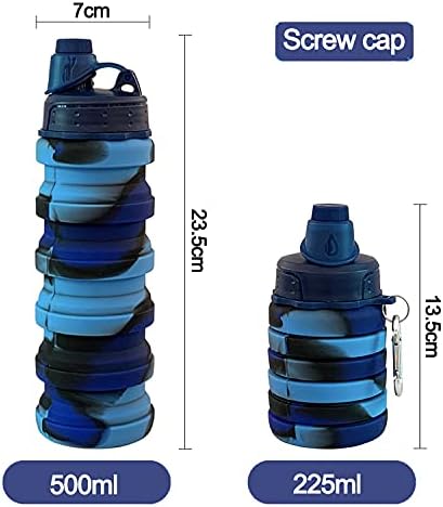 Collapsible Water Bottle Travel Water Bottle Portable Hiking Water Bottle with Leak proof Twist Cap 500ML Reusable BPA Free Silicone Water Bottles (Style1, Blue camouflage)