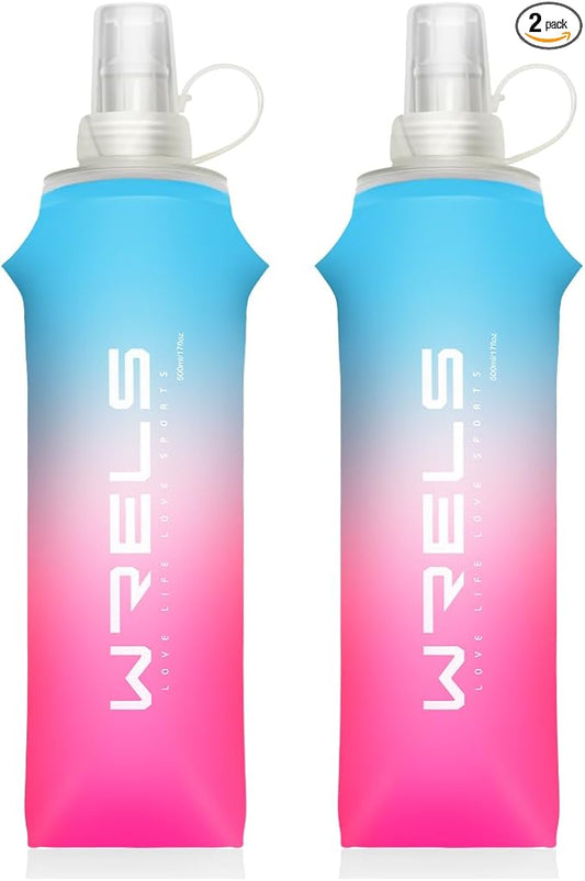 Collapsible TPU Soft Flask，Reusable Handheld Soft Water Bottle for Hydration Pack,BPA Free Gradient Folding Water Flask for Running Cycling Climbing (Light Blue&Pink-500ml*2)