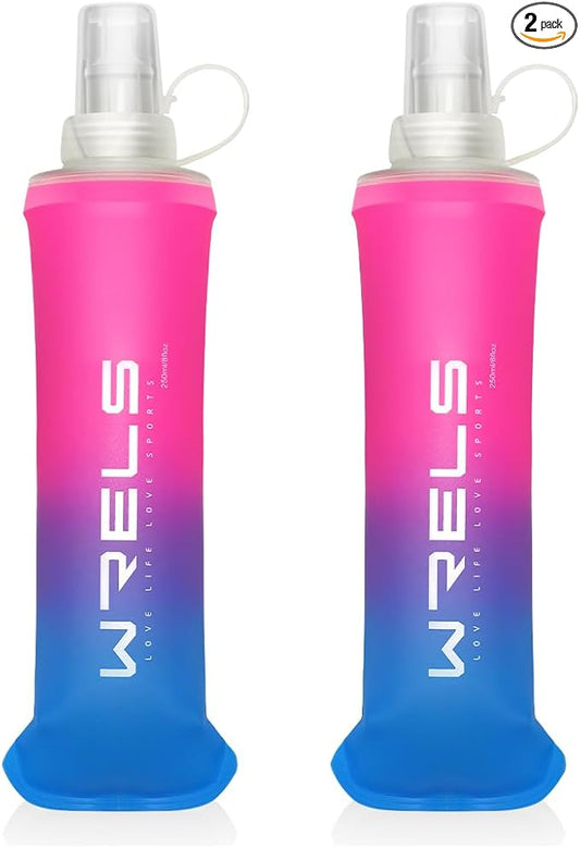 Collapsible TPU Soft Flask,Reusable Handheld Soft Water Bottle for Hydration Pack,BPA Free Gradient Folding Water Flask for Running Cycling Climbing (Rose Red&Dark Blue-250ml*2)